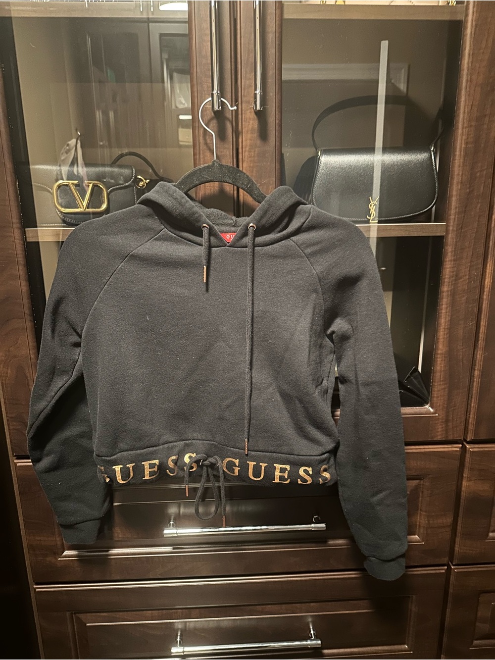 GUESS Black Cropped Hoodie with Gold Logo Trim
